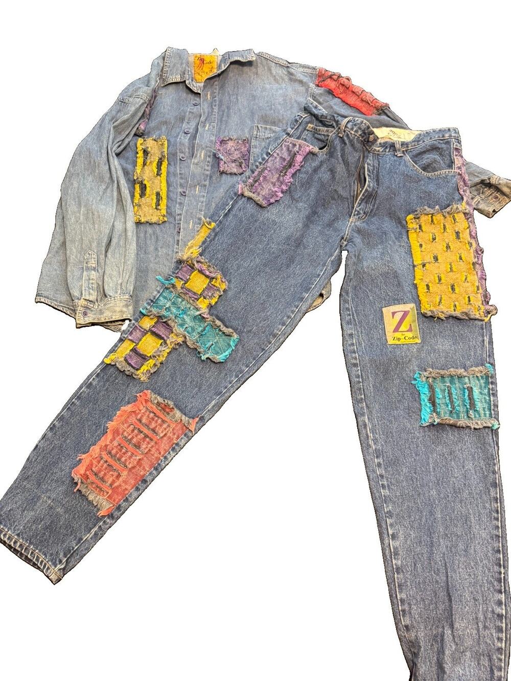 Zip Code Blue Denim Cotton High Rise Button Fly Patchwork 90s Jean set Unisex